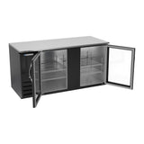 Beverage Air BB68HC-G-B 68" two glass doors back bar cooler, with the doors open showing the interior