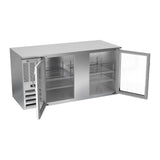 Beverage Air BB68HC-G-S 68" two glass doors back bar cooler, with the doors open showing the interior