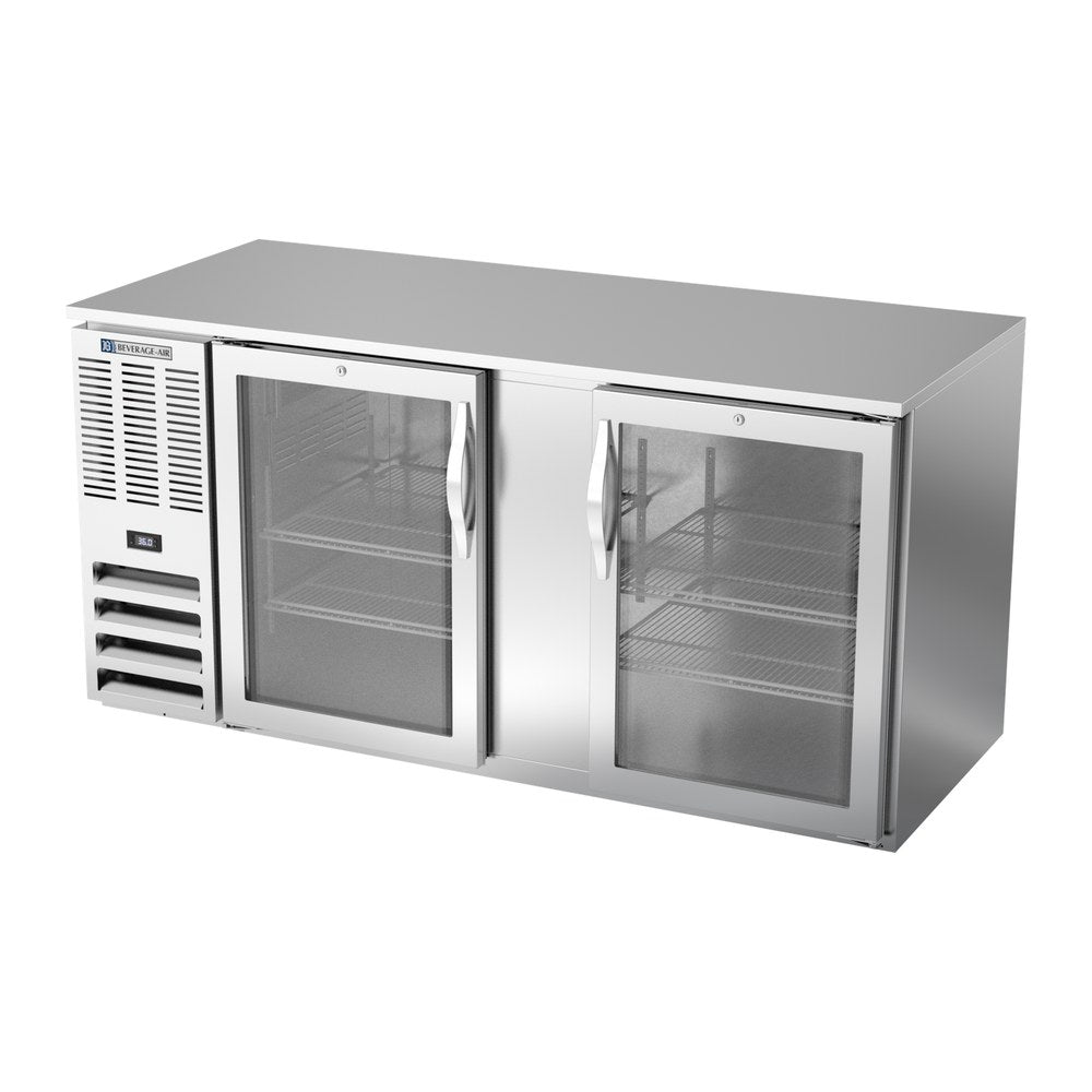 Beverage Air BB68HC-G-S 68" two glass doors back bar cooler, side angle view, doors closed