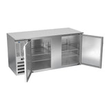 Beverage Air BB68HC-S 68" two solid doors back bar cooler, with the doors open showing the interior
