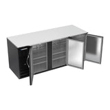 Beverage Air BB78HC-B 78" three solid doors back bar cooler, with the doors open showing the interior