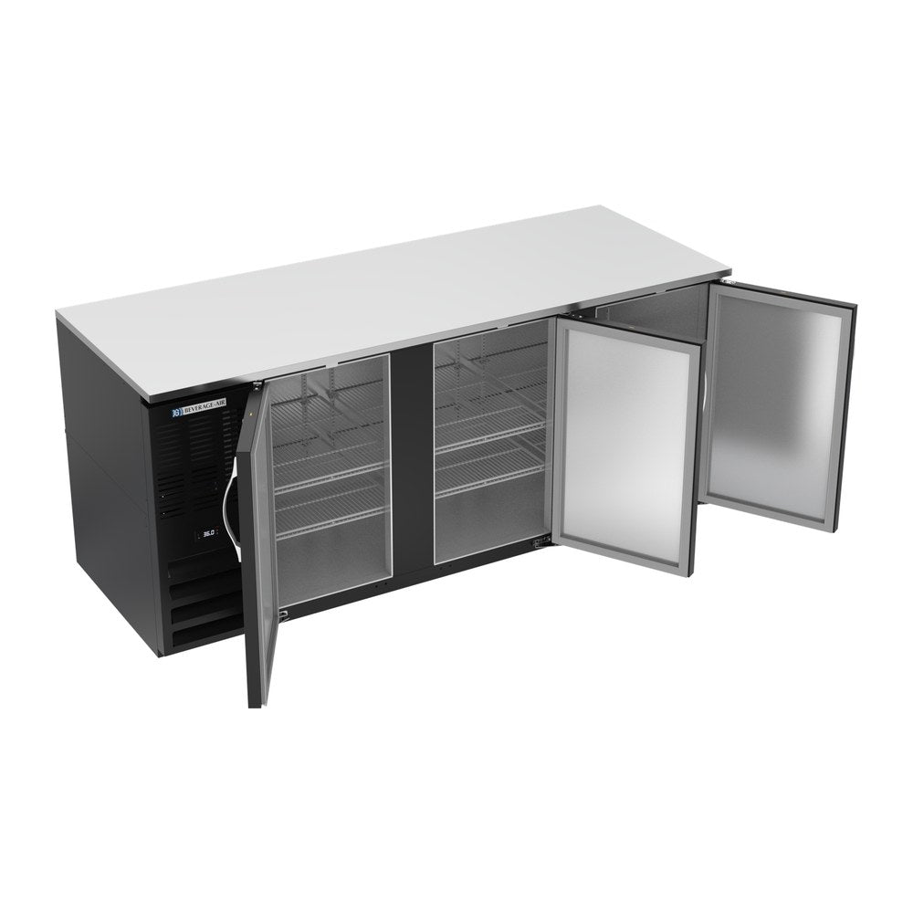 Beverage Air BB78HC-F-B 78" three solid doors back bar cooler, with the doors open showing the interior