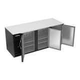 Beverage Air BB78HC-F-B 78" three solid doors back bar cooler, with the doors open showing the interior