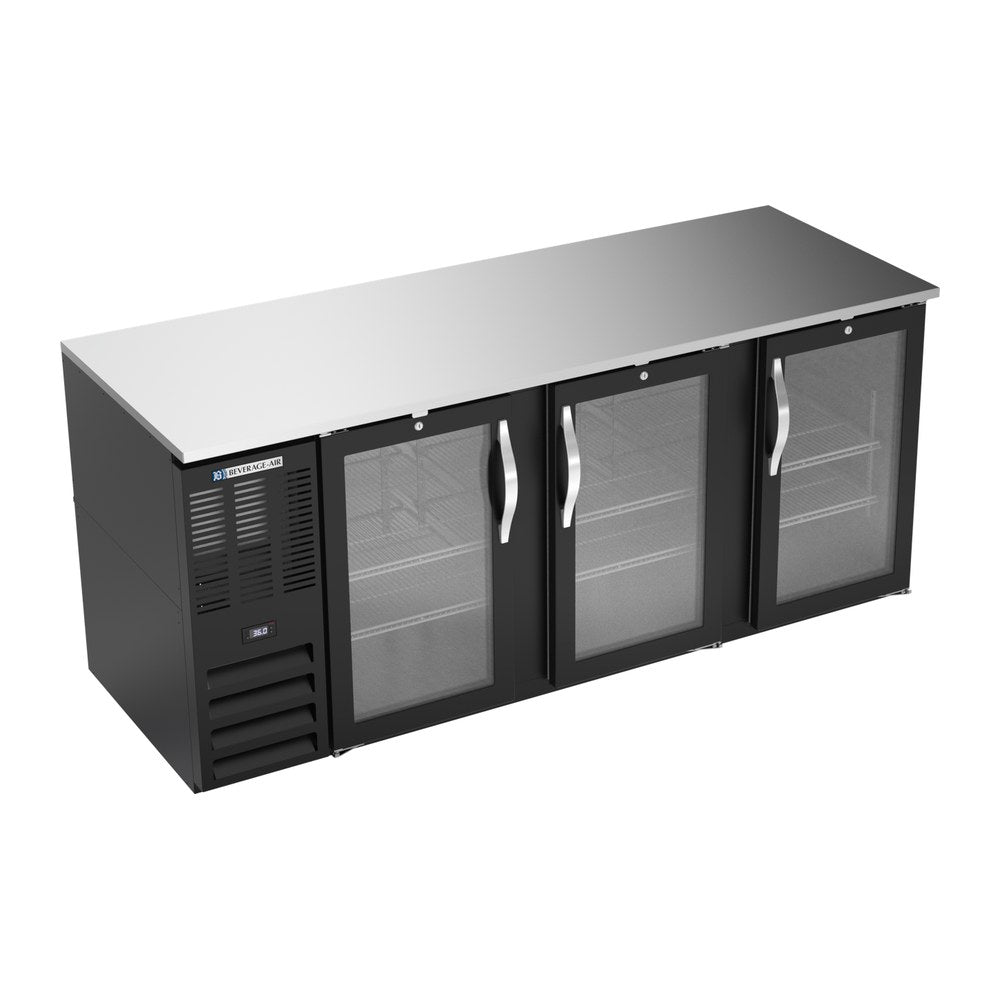 Beverage Air BB78HC-FG-B 78" three glass doors back bar cooler, front view, doors closed