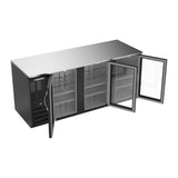 Beverage Air BB78HC-FG-B 78" three glass doors back bar cooler, with the doors open showing the interior