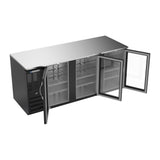Beverage Air BB78HC-G-B 78" three glass doors back bar cooler, with the doors open showing the interior