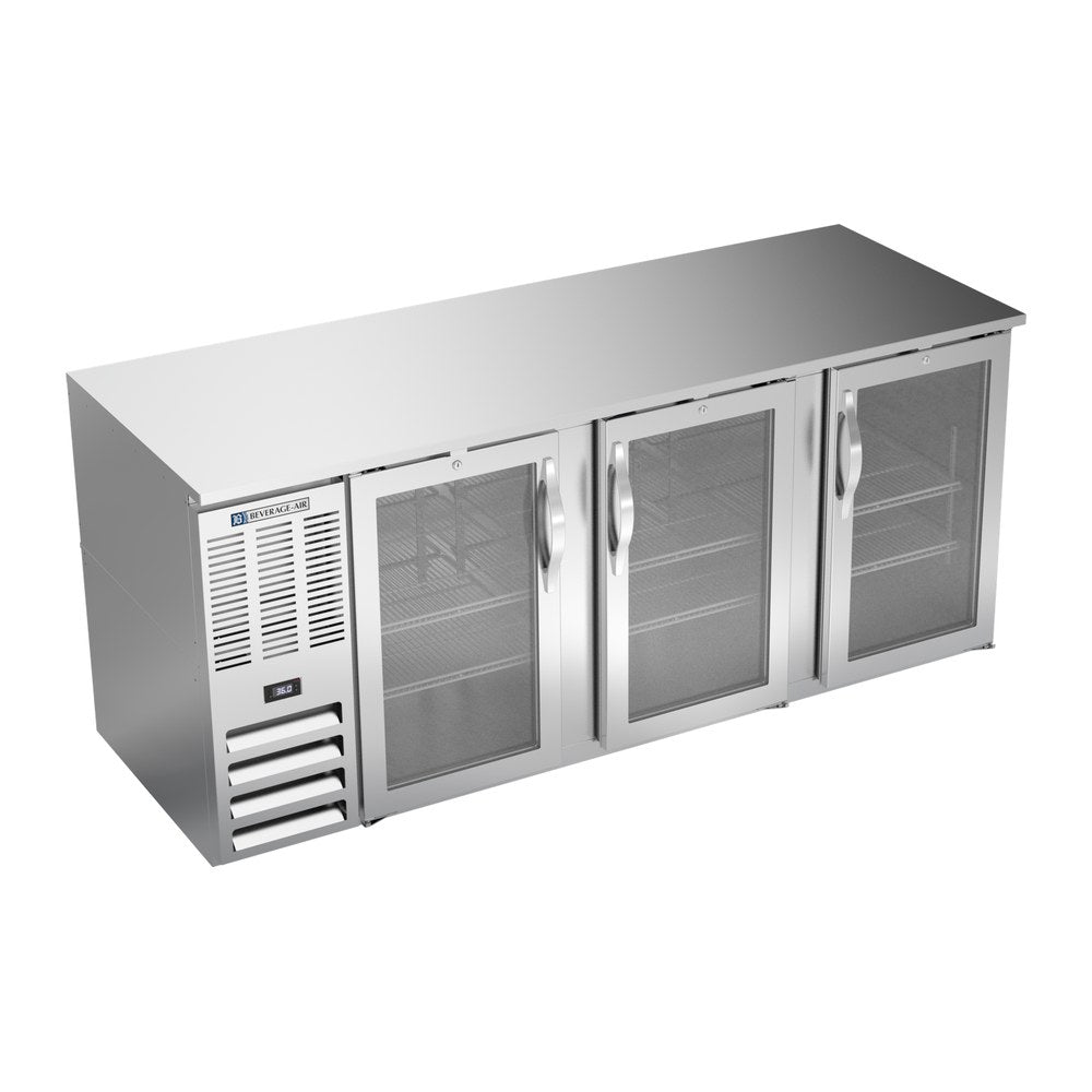 Beverage Air BB78HC-G-S 78" three glass doors back bar cooler, front view, doors closed