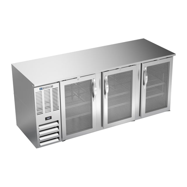 Beverage Air BB78HC-G-S 78" three glass doors back bar cooler, front view, doors closed
