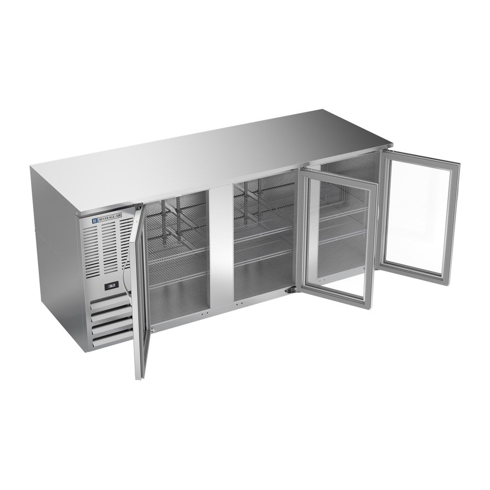 Beverage Air BB78HC-G-S 78" three glass doors back bar cooler, with the doors open showing the interior