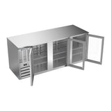 Beverage Air BB78HC-G-S 78" three glass doors back bar cooler, with the doors open showing the interior