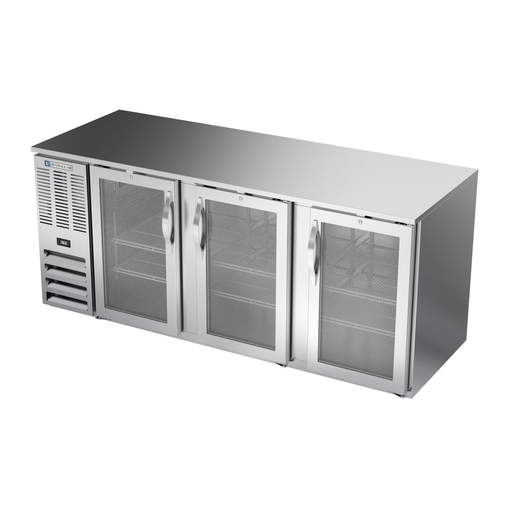 Beverage Air BB78HC-G-S 78" three glass doors back bar cooler, side angle view, doors closed