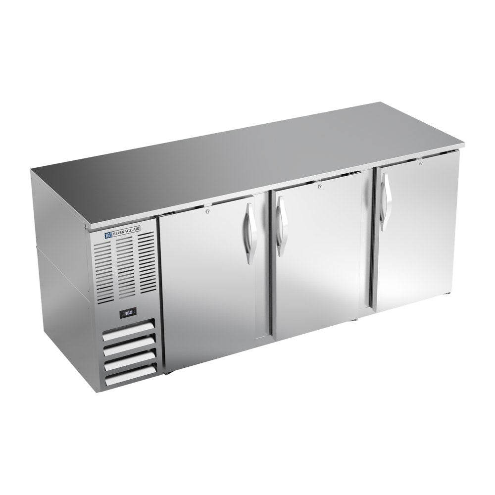 Beverage Air BB78HC-S 78" three solid doors back bar cooler, front view, doors closed