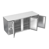 Beverage Air BB78HC-S 78" three solid doors back bar cooler, with the doors open showing the interior
