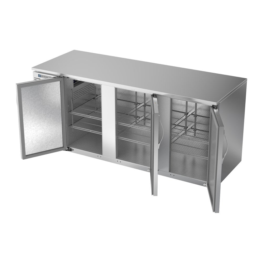 Beverage Air BB78HC-S 78" three solid doors back bar cooler, side angle view, doors closed