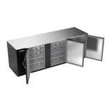 Beverage Air BB94HC-B 94" three solid doors back bar cooler, with the doors open showing the interior