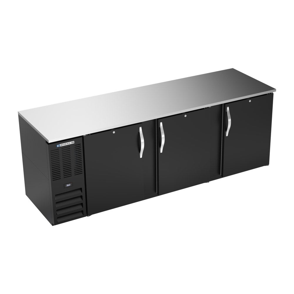 Beverage Air BB94HC-F-B 94" three solid doors back bar cooler, front view, doors closed