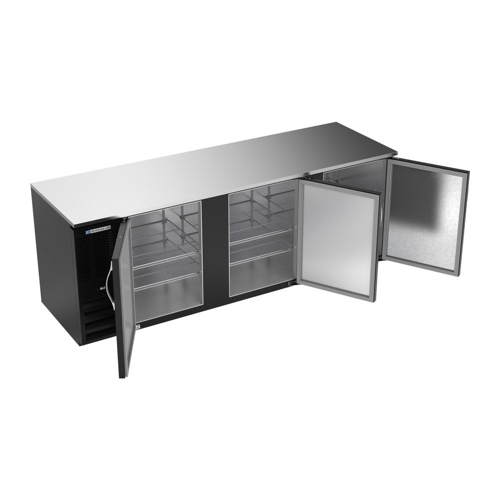 Beverage Air BB94HC-F-B 94" three solid doors back bar cooler, with the doors open showing the interior