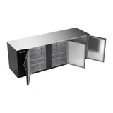 Beverage Air BB94HC-F-B 94" three solid doors back bar cooler, with the doors open showing the interior