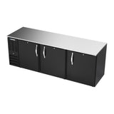 Beverage Air BB94HC-F-B 94" three solid doors back bar cooler, side angle view, doors closed