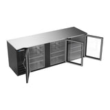Beverage Air BB94HC-FG-B 94" three glass doors back bar cooler, with the doors open showing the interior