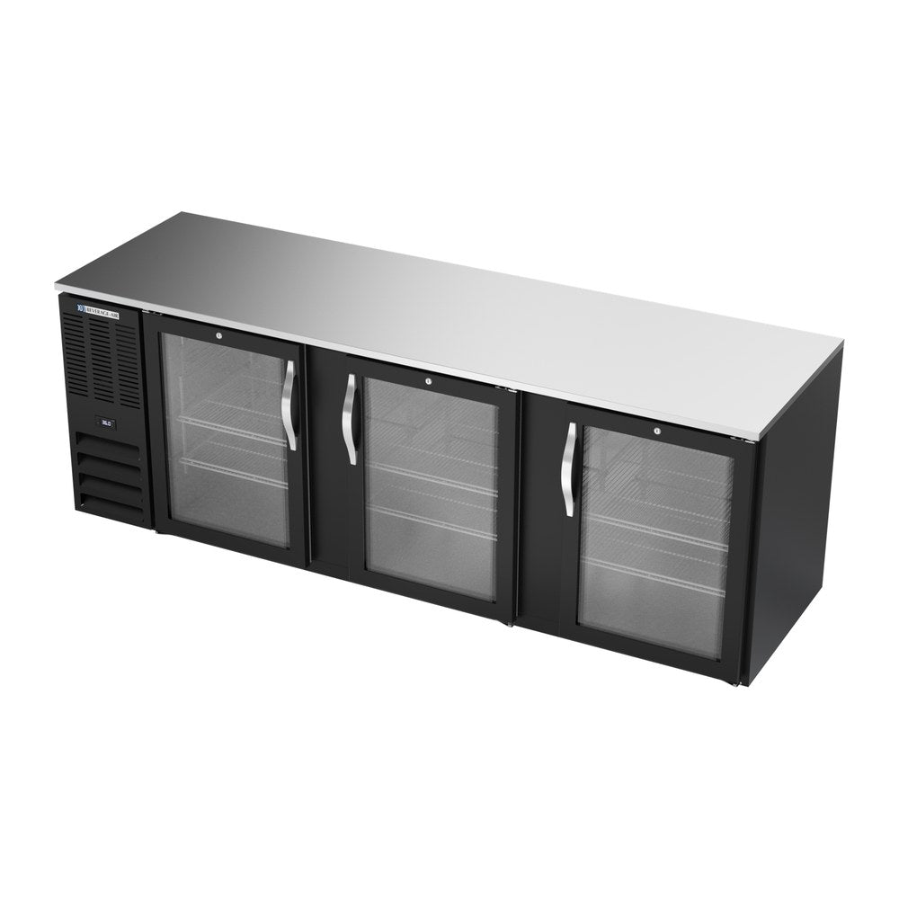 Beverage Air BB94HC-FG-B 94" three glass doors back bar cooler, side angle view, doors closed