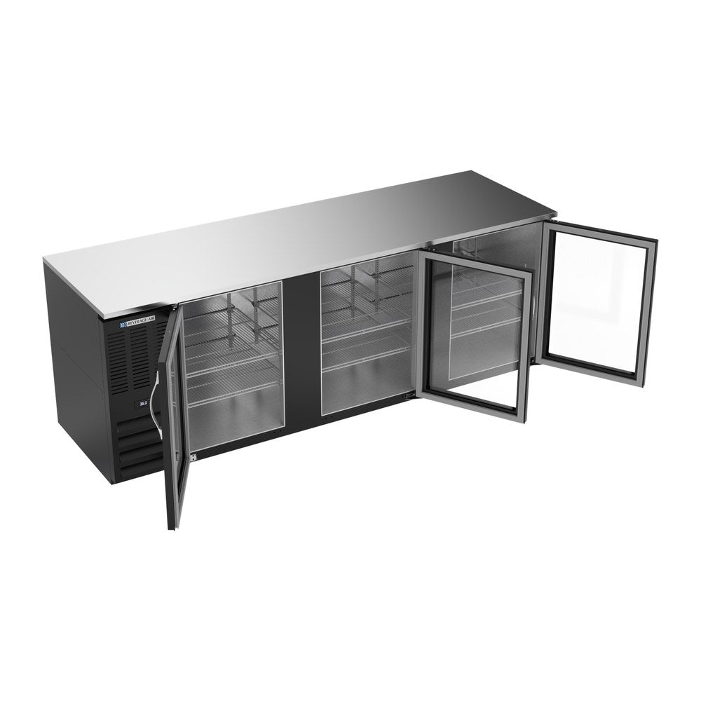 Beverage Air BB94HC-G-B 94" three glass doors back bar cooler, with the doors open showing the interior