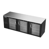 Beverage Air BB94HC-G-B 94" three glass doors back bar cooler, side angle view, doors closed