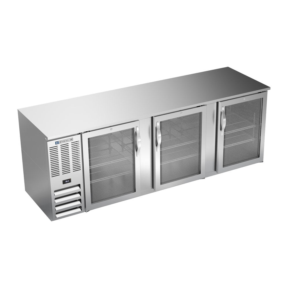 Beverage Air BB94HC-G-S 94" three glass doors back bar cooler, front view, doors closed