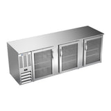 Beverage Air BB94HC-G-S 94" three glass doors back bar cooler, front view, doors closed