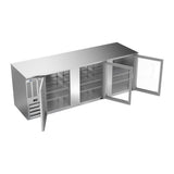 Beverage Air BB94HC-G-S 94" three glass doors back bar cooler, with the doors open showing the interior