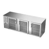 Beverage Air BB94HC-G-S 94" three glass doors back bar cooler, side angle view, doors closed