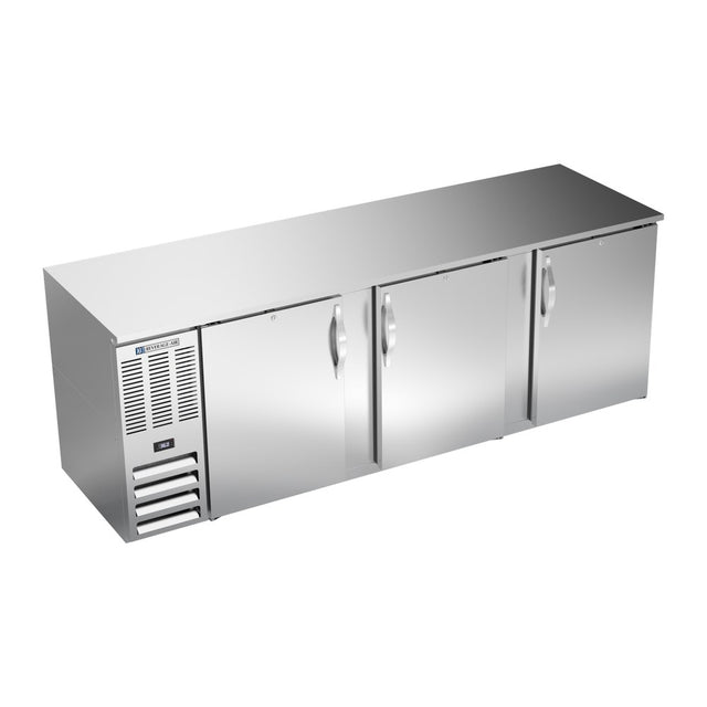 Beverage Air BB94HC-S 94" three solid doors back bar cooler, front view, doors closed