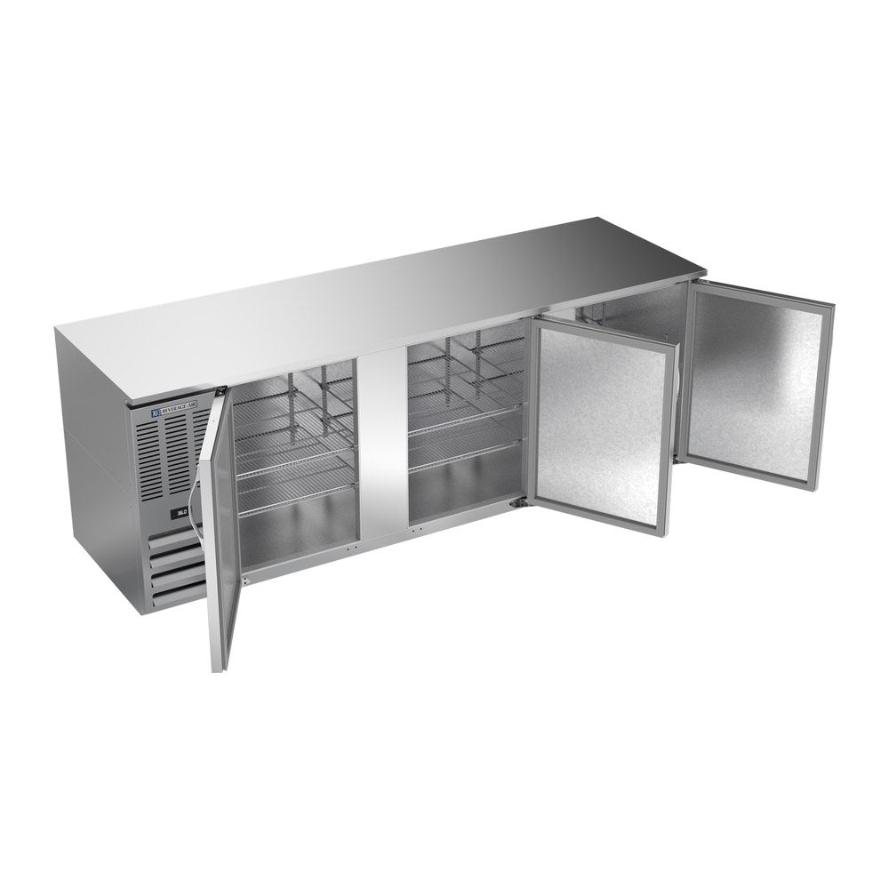 Beverage Air BB94HC-S 94" three solid doors back bar cooler, with the doors open showing the interior