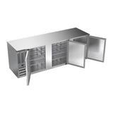 Beverage Air BB94HC-S 94" three solid doors back bar cooler, with the doors open showing the interior
