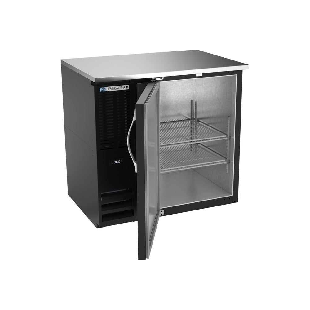 Beverage Air BBN36HC-B 36" one solid door back bar cooler, with the door open showing the interior