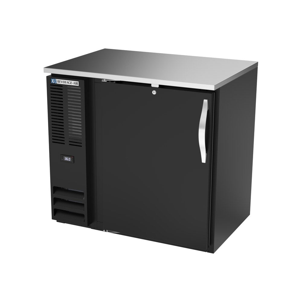 Beverage Air BBN36HC-F-B 36" one solid door back bar cooler, side angle view, door closed