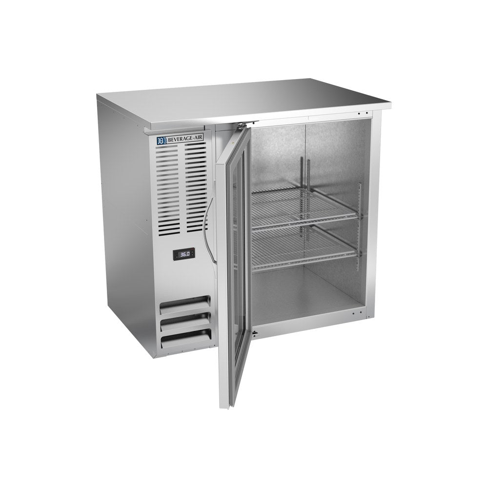 Beverage Air BBN36HC-G-S 36" one glass door back bar cooler, with the door open showing the interior