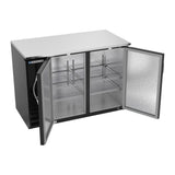 Beverage Air BBN48HC-B 48" two solid doors back bar cooler, with the doors open showing the interior
