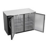 Beverage Air BBN48HC-F-B 48" two solid doors back bar cooler, with the doors open showing the interior