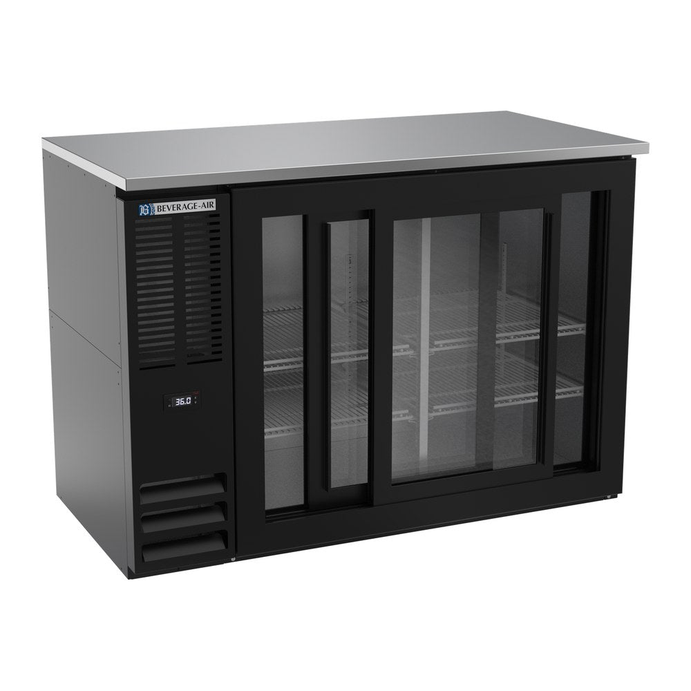 Beverage Air BBN48HC-F-GS-B 48" two sliding glass doors back bar cooler, with the doors open showing the interior