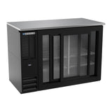 Beverage Air BBN48HC-F-GS-B 48" two sliding glass doors back bar cooler, with the doors open showing the interior