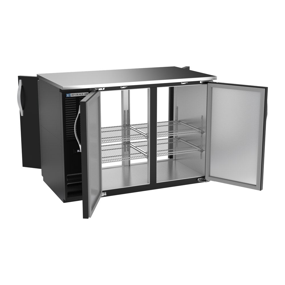 Beverage Air BBN48HC-F-PT-B 48" four solid doors back bar cooler, with the doors open showing the interior