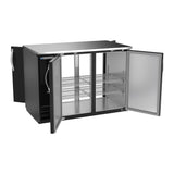 Beverage Air BBN48HC-F-PT-B 48" four solid doors back bar cooler, with the doors open showing the interior