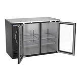 Beverage Air BBN48HC-FG-B 48" two glass doors back bar cooler, with the doors open showing the interior
