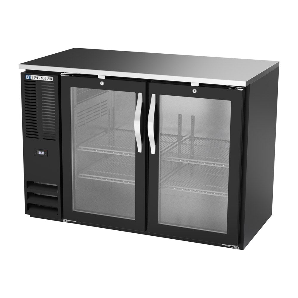 Beverage Air BBN48HC-FG-B 48" two glass doors back bar cooler, side angle view, doors closed