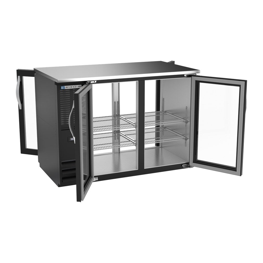 Beverage Air BBN48HC-FG-PT-B 48" four glass doors back bar cooler, with the doors open showing the interior