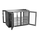 Beverage Air BBN48HC-FG-PT-B 48" four glass doors back bar cooler, with the doors open showing the interior