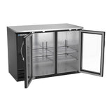 Beverage Air BBN48HC-G-B 48" two glass doors back bar cooler, with the doors open showing the interior