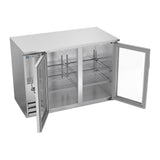 Beverage Air BBN48HC-G-S 48" two glass doors back bar cooler, with the doors open showing the interior