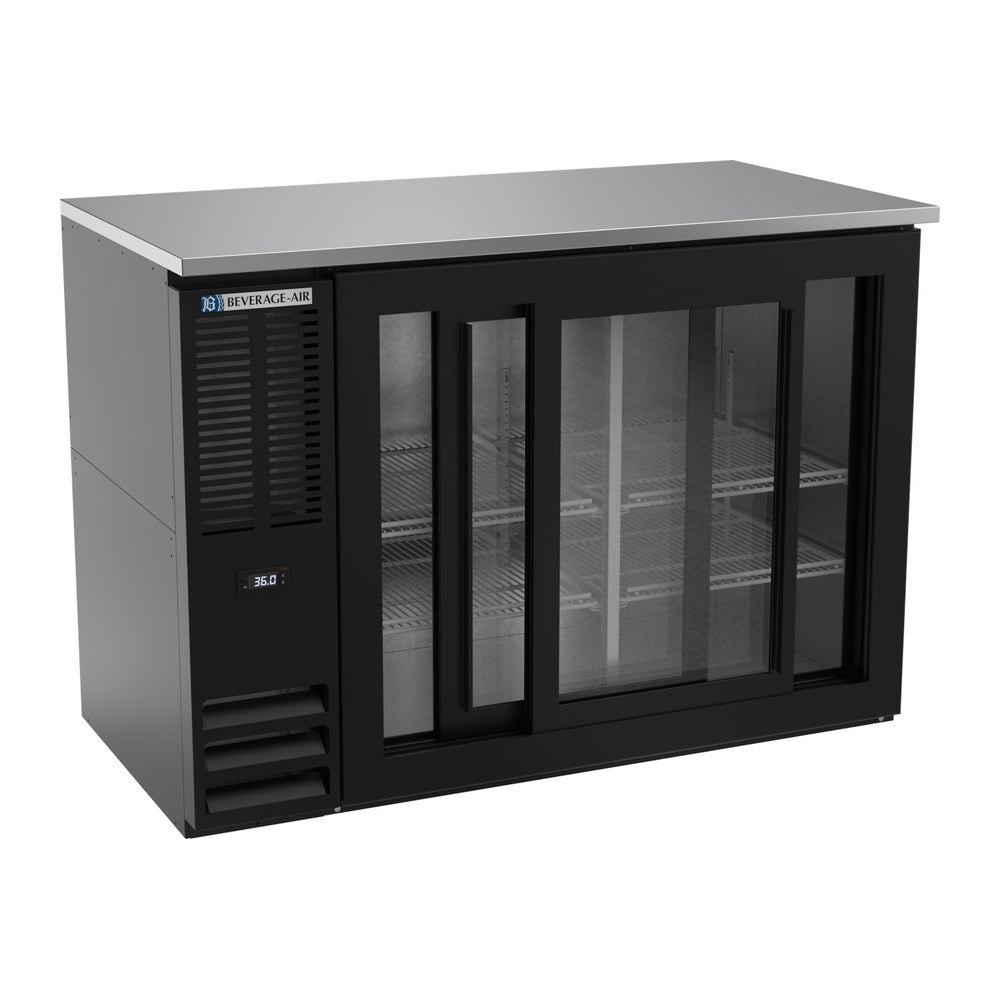 Beverage Air BBN48HC-GS-B 48" two sliding glass doors back bar cooler, with the doors open showing the interior